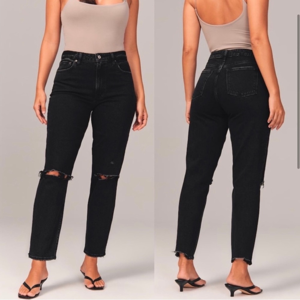 Abercrombie & Fitch High Rise Mom Jeans in Black Distressed Wash